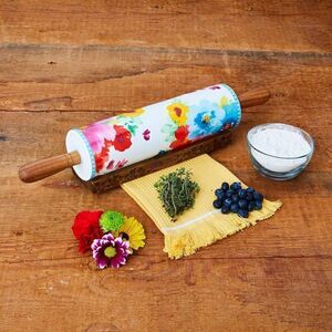 🆕 Pioneer Woman Breezy Blossom Ceramic Rolling Pin w/Acacia Wood Handle …